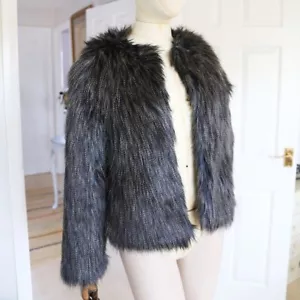 Faux fur navy & grey jacket fluffy coat size XS Jane Norman Y2K black feather - Picture 1 of 5