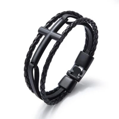 Brazalete brazalete de cuero trenzado negro de acero inoxidable para hombre Foto 1 de 4