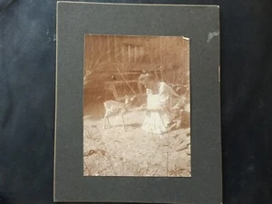 Antique UNIQUE Mounted Photo Woman Feeding Deer Fawn Eph Collect Americana VNTG - Picture 1 of 2