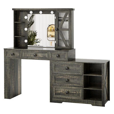 Tocador Escritorio con Espejo y Luces LED con Toma de corriente Tocador Escritorio con 6 Cajones Foto 1 de 4