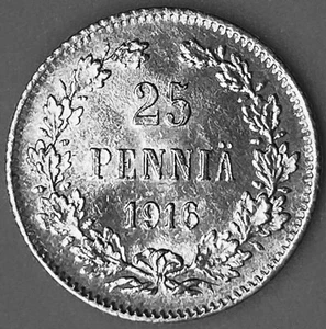 1916 FINLAND - 25 PENNIA - NICHOLAS II (WITH CROWN) CIVIL WAR - MINT BU SILVER - Picture 1 of 5