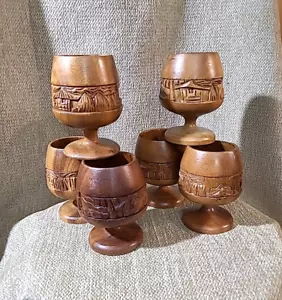 Koa Wood Hawaiian Glasses 6 Hand Carved glasses 60-70's USA Tiki Bar MCM 4" Tal - Picture 1 of 2