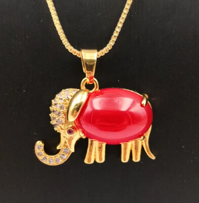 多色真玉髓玛瑙玉象 18KGP 水钻吊坠项链 — 第 1/4 张图片