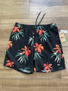 Quiksilver Swim Trunks Mens L Black Hawaiian Floral Volley Drawstring Surf Beach - Picture 1 of 14