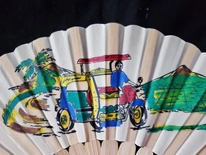 Triciclo de decoración de recuerdos de Filipinas beige pintado a mano bambú y abanico de tela a mano - Imagen 1 de 8