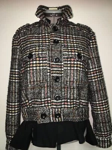 Free People schwarz weiß rot kariert Wolle Knopf Bomberjacke Mantel Größe Small neu mit Etikett - Bild 1 von 14