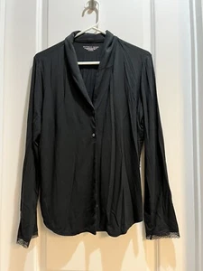 Victoria's Secret Black Buttoned Pajama Top Large Armpit To Armpit 22” Lace Edge - Picture 1 of 6