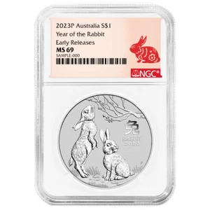Australia 2023 $1 1-oz Lunar Year of The Rabbit Silver NGC MS69 ER Year of th... - Picture 1 of 2