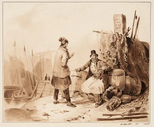 Fischer im Hafen mit Fracht,  1832, Tusche Romantik Unbekannt (19.Jhd) - Picture 1 of 5