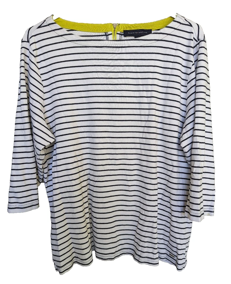 Tommy Hilfiger женщин белый с синей полосой 3/4 рукав футболка Sz M назад молнии  - Изображение 1 из 4