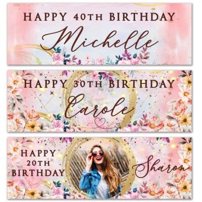 Personalised birthday banner photo flower kids girl pink woman party decoration - Image 1 of 2