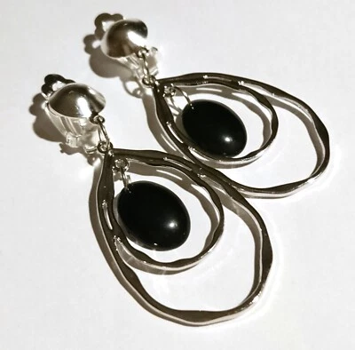 Ohrclips Clips Ohrringe silberf schwarz lang groß 7 cm Ohrklipser ohne Ohrlöcher - Bild 1 von 2