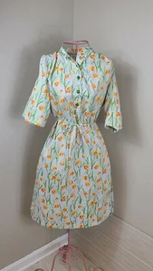 Vtg Kenny Classic Floral Easter Spring Button Front Dress Green Orange Yellow - Picture 1 of 5