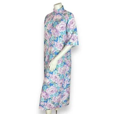 Vintage Handmade Housedress Floral Dress Purple Blue Zip-Front Stand-Up Collar - Image 1 of 4