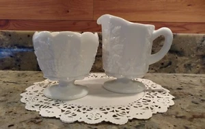 VINTAGE WESTMORELAND MILK GLASS PANELED GRAPE CREAMER/SUGAR BOWL SET - Picture 1 of 12