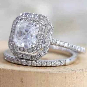 2.50 CT Asscher Cut Moissanite Bridal Set Engagement Ring Solid 14k White Gold - Picture 1 of 4