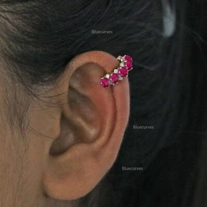 14k Gold Natural Ruby & Diamond Ear Cuff No Piercing Needed Earring Jewelry - Picture 1 of 4