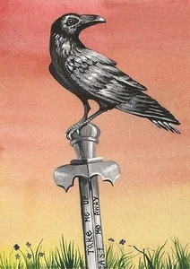 ACEO PRINT OF PAINTING RAVEN CROW RYTA KING ARTHUR EXCALIBUR FOLK ART Halloween - Picture 1 of 1