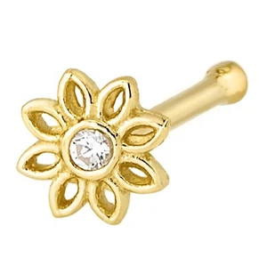 20G Solid 14K Gold Sunflower Nose Stud CZ Accented Nose Ring, L-Bend, Ball-end - Picture 1 of 12