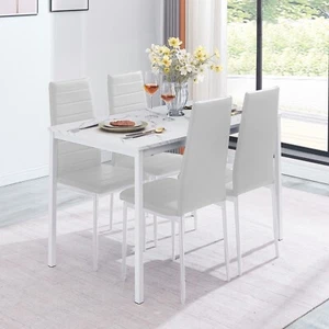 47" White Marble MDF Top Dining Table & 4x White Faux Leather Dining Chairs Set - Picture 1 of 10