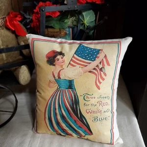 VINTAGE VICTORIAN PRIMITIVE ANTIQUE STYLE PATRIOTIC AMERICA USA FLAG LADY PILLOW - Picture 1 of 8