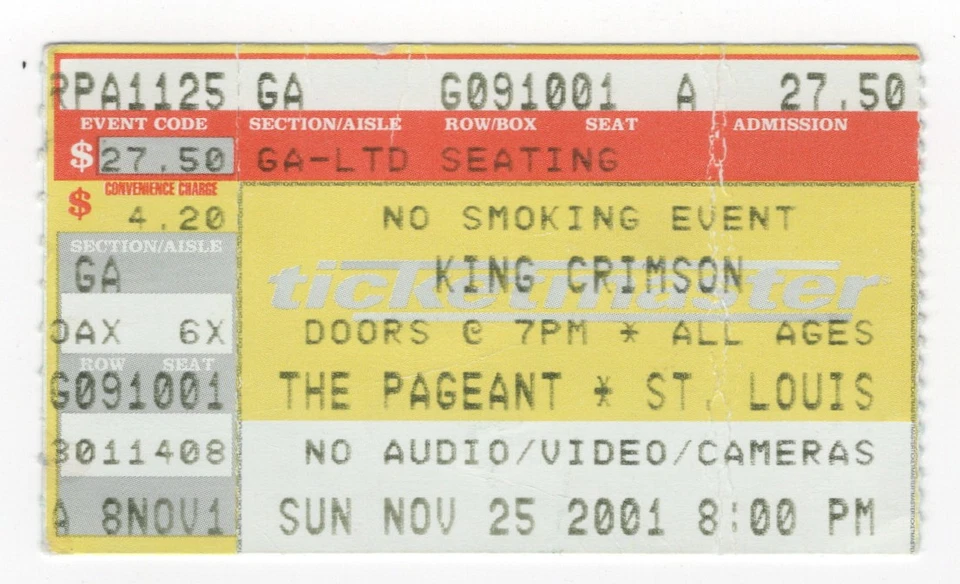 King Crimson John Paul Jones 25/11/01 St Louis MO Raro Boleto Talón Led Zeppelin Foto 1 de 1