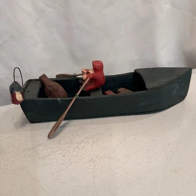 Arte popular de madera de colección Santa pescando en un barco estatua decoración pintada a mano caprichosa Foto 1 de 4