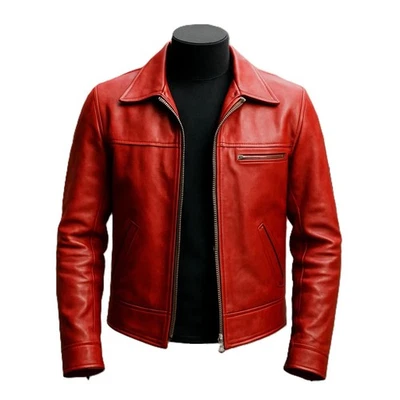 Men's Red Lambskin Leather Trucker Jacket Handmade Cafe Racer Club Wear Jacket - Image 1 of 4