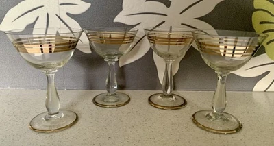 4 Mini Bicchieri Martini Champagne Vintage con Strisce Oro Aperitivo Liquore   - Immagine 1 di 4
