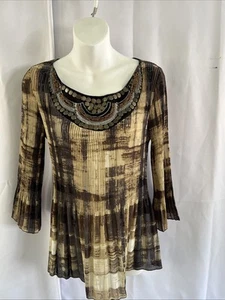 Keren Hart Women’s Pleated Tunic Bead Embellished Neck BOHO Sheer Sz Small - Picture 1 of 11