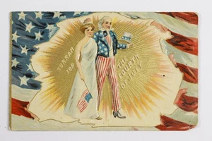 Hurra für den 4. Juli Uncle Sam Lady Liberty geprägte Postkarte 4. Juli - Bild 1 von 3