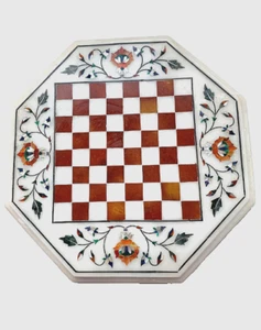 100% Genuine Stone Antique Pietro Dura Octagonal Marble Chess Table Floral Pater - Picture 1 of 11