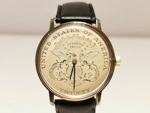 VINTAGE RARE GOLDEN TONE COLLECTIBLE MEN'S SWISS WATCH WITH TWENTY USA COIN DIAL - Picture 1 of 9
