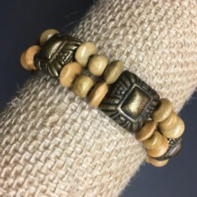 Pulsera elástica de cuentas de madera bronce marrón exótico retro BoHo hippie años 80 90 Y2K Foto 1 de 4
