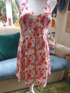 RED HERRING Size 14 Halter floral dress cotton lined summer full skirt - Picture 1 of 10