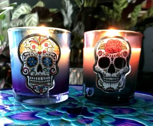 Purple Blue Traditional Calaveras Sugar Skull Rose/Lily Scented Skull Candle Set - Picture 1 of 9