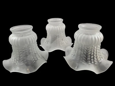 3 Vintage Embossed Frosted Glass Ceiling Fan Shades Bell Shape Ruffled Rim - Image 1 of 4