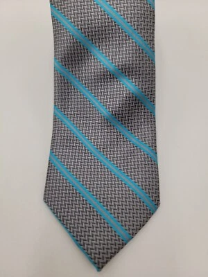 Structure Mens Formal Necktie Silver Turquoise Blue Striped Geometric Skinny - Image 1 of 2