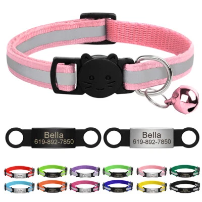 Personalized Reflective Cat Collar Nylon with Custom Name Tag Engraved & Bell - Image 1 of 4