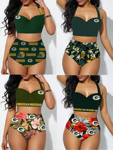 Green Bay Packers 2PCS Women's Floral Bikini Butt Lift Swimsuit Bathing Suit Cover