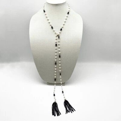 Colar Lariat envolto à mão pérola de água doce e borla de cristal azul austríaco 52"" - Imagem 1 de 4