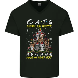 Cats Make Me Happy Funny Christmas Mens V-Neck Cotton T-Shirt - Picture 1 of 37