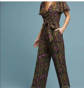 Anthropologie Ett Twa Froral Jumpsuit Relaxed Lightweight Flutter Sleeve Green 4 - Picture 1 of 11