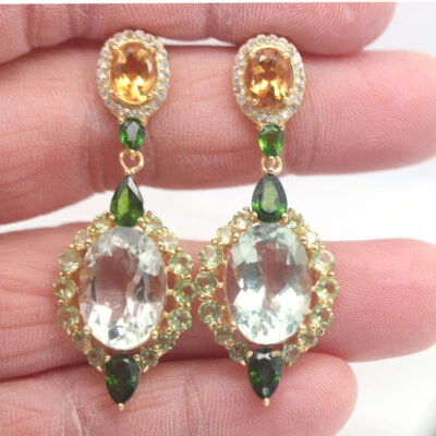 Edelstein Grün Amethyst, Citrin, Diopsid, Peridot & Zirkonia Ohrringe 925 Silber - Bild 1 von 4