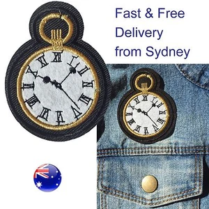Watch iron on patch - retro gold & white time punctual clock iron-on patches - Picture 1 of 3