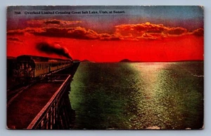 Postcard Vtg Utah Overland Limited Crossing Great Salt Lake At Sunset - Picture 1 of 2