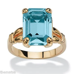 WOMENS 14K GOLD PLATED BIRTHSTONE EMERALD CUT BLUE TOPAZ RING SIZE 5 6 7 8 9 10 - Picture 1 of 3