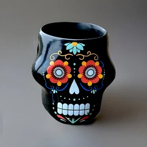 Fioriera Teschio Zucchero Giorno dei Morti in Ceramica Nero Dia Muertos Decorazione Halloween - Foto 1 di 7