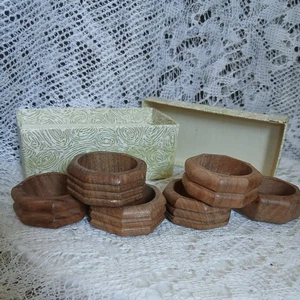 Mid Century Cottage Farmhouse Style Teak Wood Napkin Ring Set x 6 Boxed - Picture 1 of 6