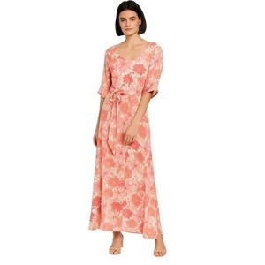 Vici rosa Blumen V-Ausschnitt Halbarm A-Linie langes Maxikleid Damen Large - Bild 1 von 11